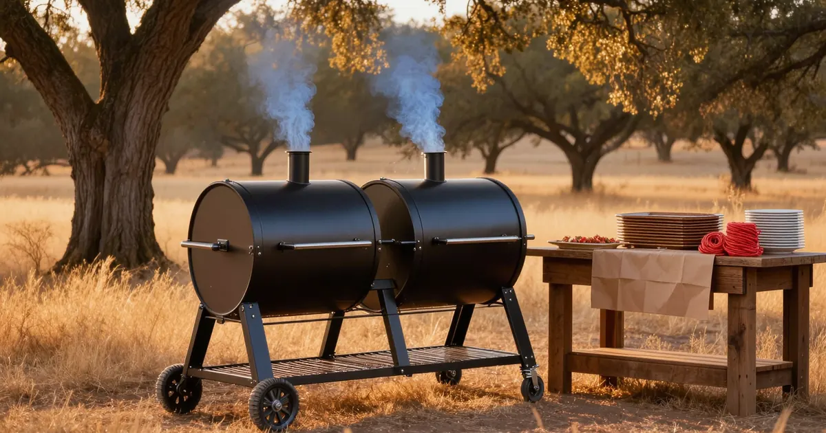 Two offset barrel smokers trailing blue smoke under Texas Hill Country live oaks at golden hour, beside a kraft-papered catering prep table