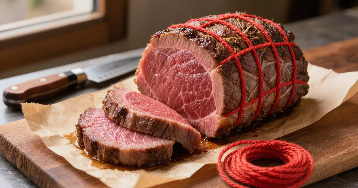 A whole trimmed beef tenderloin tied with butcher twine on kraft butcher paper, one end sliced into thick filet medallions with silverskin trimmings pushed aside, the roast that sets how much beef tenderloin per person