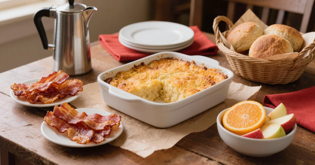 Breakfast for a crowd on kraft butcher paper — a 9x13 dish of golden breakfast casserole with a portion served out, a platter of bacon, a basket of biscuits, cut fruit and a coffee urn behind