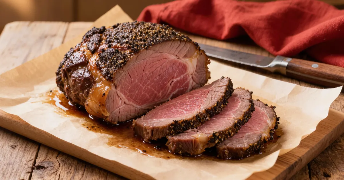 Smoked brisket sliced to show its pink smoke ring and peppery bark on butcher paper, the cooked weight behind how much brisket per person