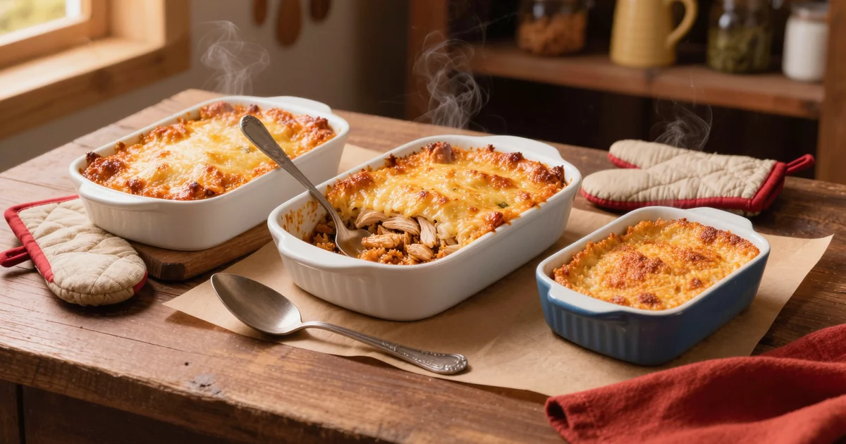 Casseroles for a crowd fresh from the oven on kraft butcher paper — three 9x13 dishes: a bubbling cheesy baked pasta, a golden chicken and rice with a serving spooned out, and a hash brown casserole, steam rising