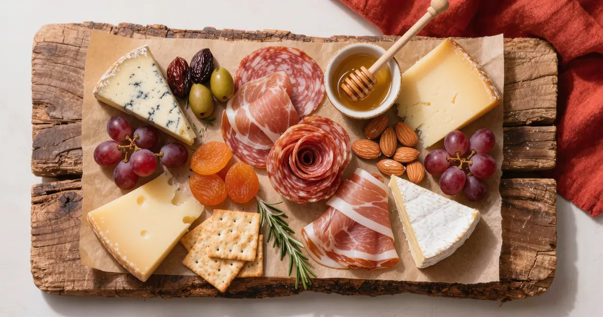 An overhead grazing board on a rustic wooden slab with salami roses, draped prosciutto, cheese wedges, grapes, apricots, nuts, olives, honeycomb and fanned crackers — the spread behind how much charcuterie per person