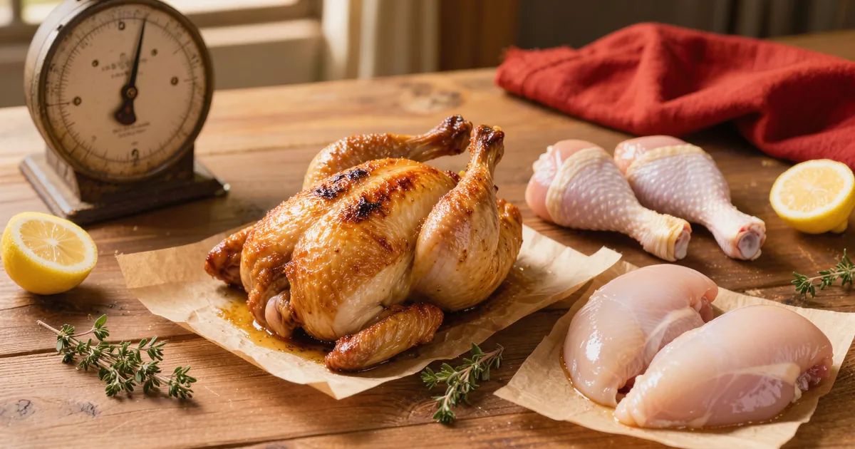 A whole golden roasted chicken on kraft butcher paper beside raw bone-in thighs, drumsticks and boneless breasts arranged to compare cuts, with a kitchen scale weighing how much chicken per person each one buys