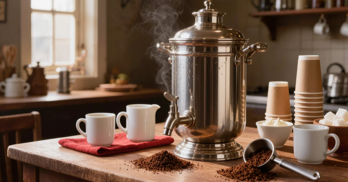 Coffee for a crowd on a kraft-papered table: a stainless steel urn with a spigot, white cups in rows, sugar, cream, and a measuring cup spilling dark grounds