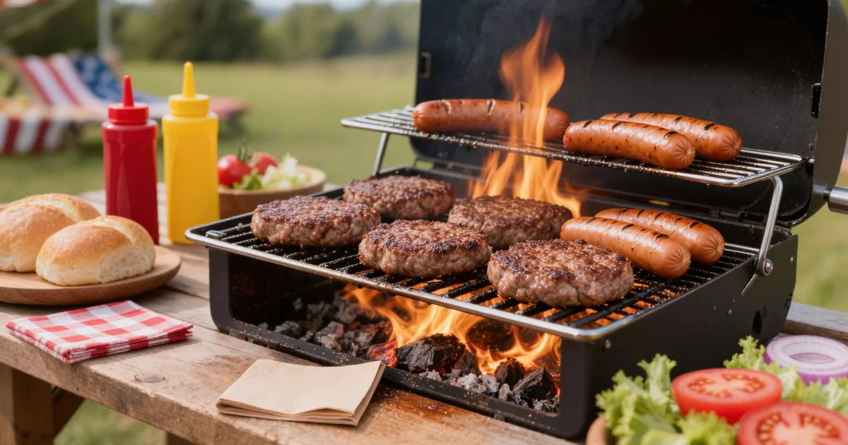A charcoal grill loaded with sizzling burger patties and hot dogs with char marks, buns and toppings on a kraft-papered table in front — the split behind how many burgers per person