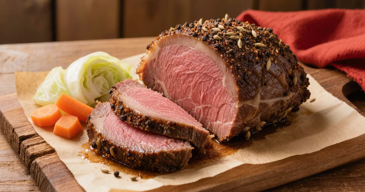 Braised corned beef brisket with a dark peppercorn crust, partly sliced into thick rosy-pink slices on a wooden board with cabbage wedges and carrots beside — the cooked weight behind how much corned beef per person