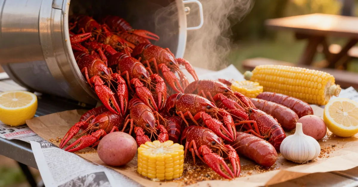 A mountain of bright red boiled crawfish dumped across newspaper and kraft paper with corn, red potatoes, sausage and lemons, steam rising — the pile behind how many pounds of crawfish per person