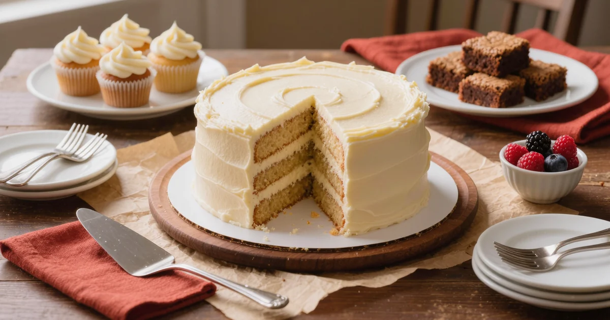 How much cake per person on a party dessert table: a frosted layer cake on kraft paper with one slice lifted to show the crumb, cupcakes, brownies, berries, and stacked dessert plates