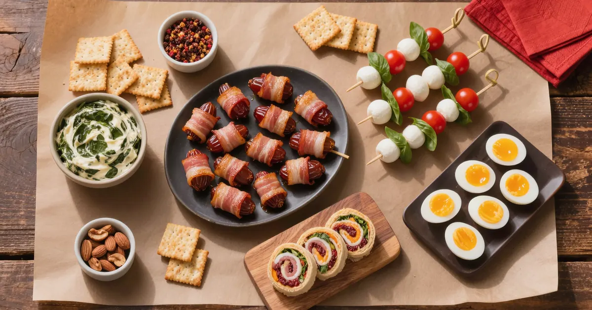 An overhead spread of easy appetizers for a crowd on kraft butcher paper — bacon-wrapped dates, spinach dip with crackers, caprese skewers, deviled eggs, spiced nuts, and pinwheels