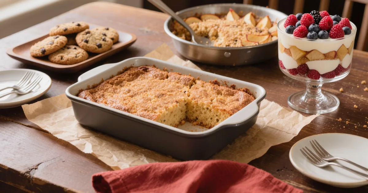 Easy make-ahead desserts for a crowd on kraft butcher paper — a 9x13 sheet cake with a corner slice lifted, chocolate chip cookies, a layered trifle, and apple crisp