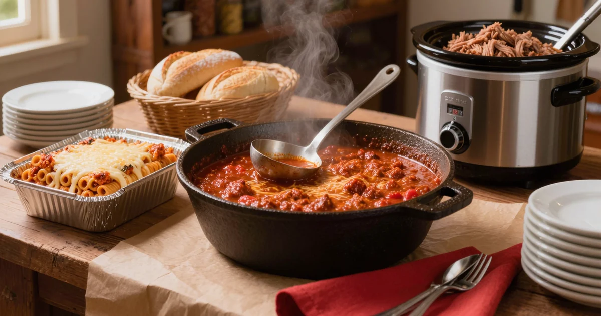 Easy meals for a crowd on kraft butcher paper — a cast-iron pot of chili with a ladle, a foil pan of baked ziti with bubbling cheese, a slow cooker of shredded meat, and stacked bowls