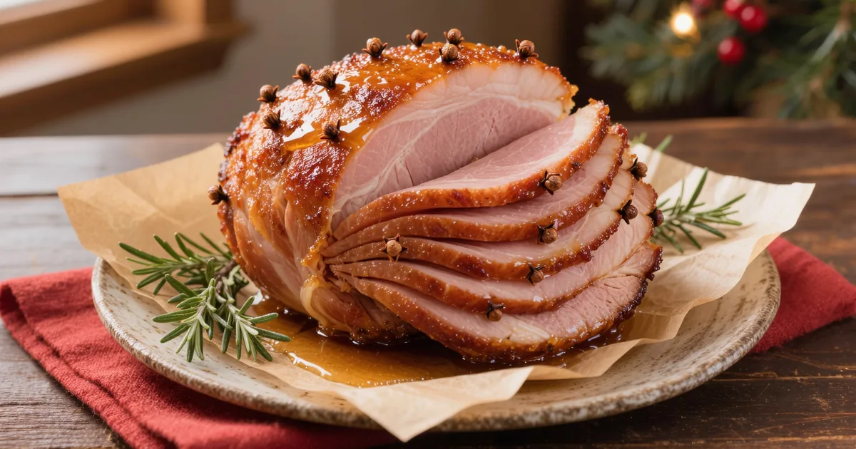 Glazed spiral-cut bone-in ham studded with cloves on a platter, the roast behind how much ham per person for a holiday table