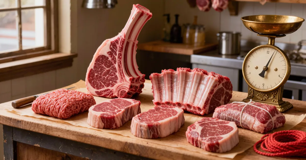 Raw beef cuts laid out on butcher paper with a brass scale, comparing how much meat per person a bone-in roast, steaks and ground beef each take