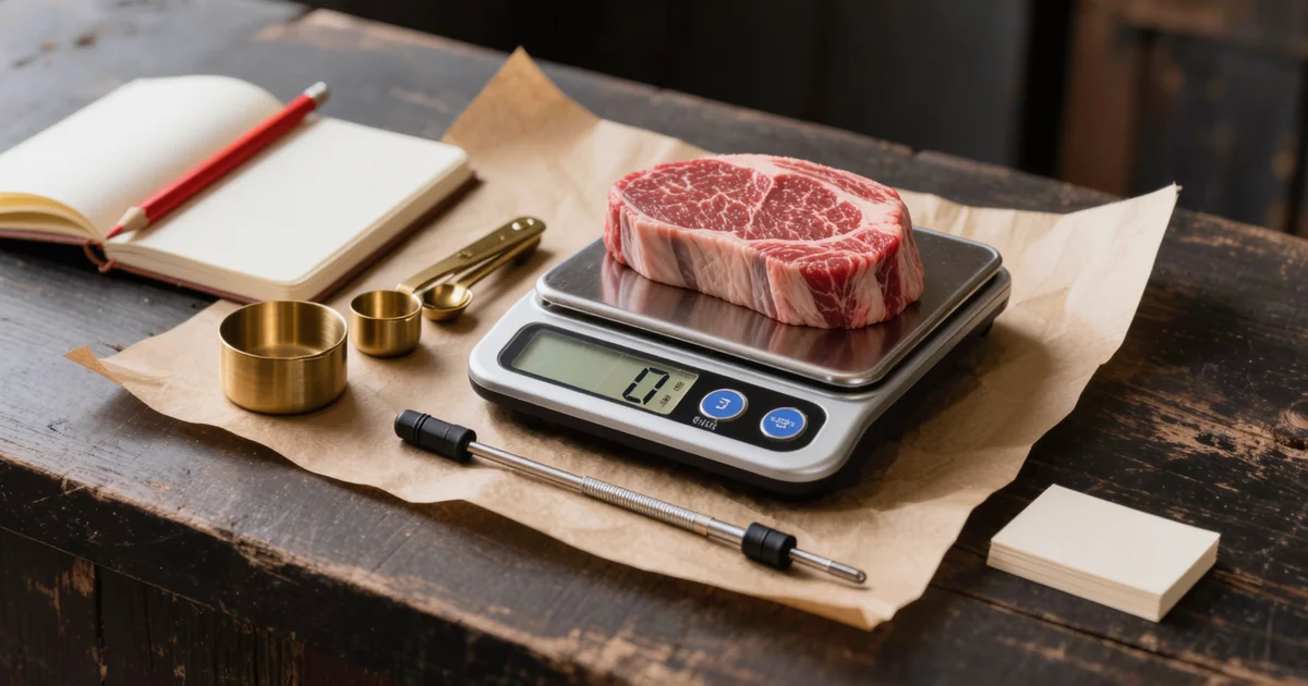 A kitchen scale holding a beef roast beside a probe thermometer, measuring cups and a notebook, the tools behind every verified portion size