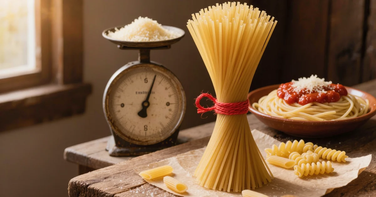 A bundle of dry spaghetti on a kitchen scale beside a bowl of cooked pasta, the dry ounces behind how much pasta per person