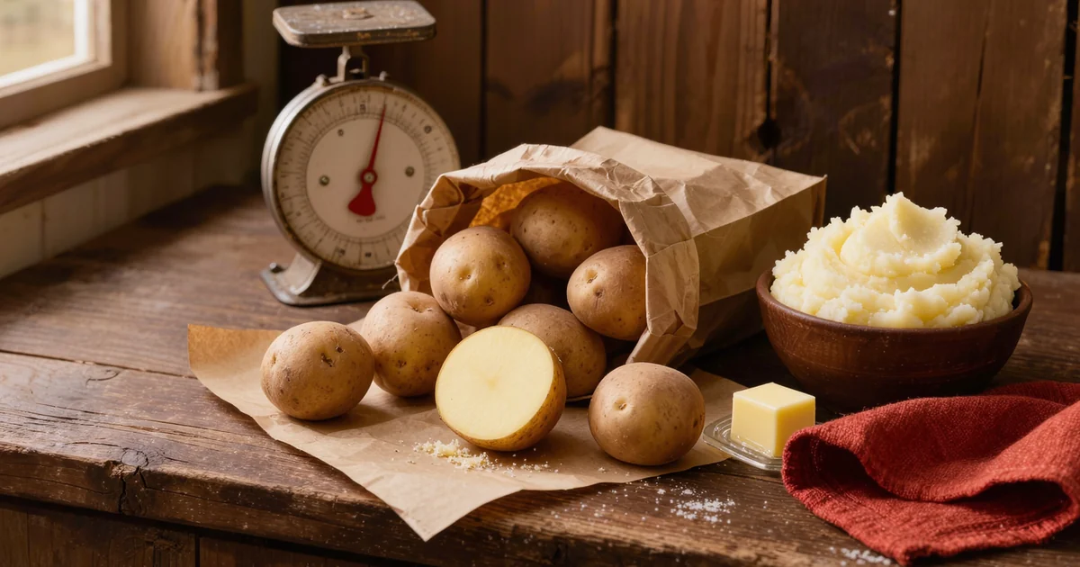 Russet potatoes spilling from a paper sack beside creamy mashed potatoes and a scale, weighing how many pounds of potatoes per person