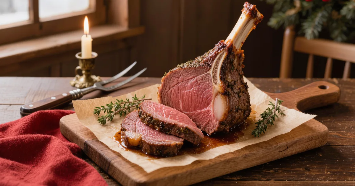 Herb-crusted standing rib roast carved to show rosy slices and rib bones, the cut that sets how much prime rib per person