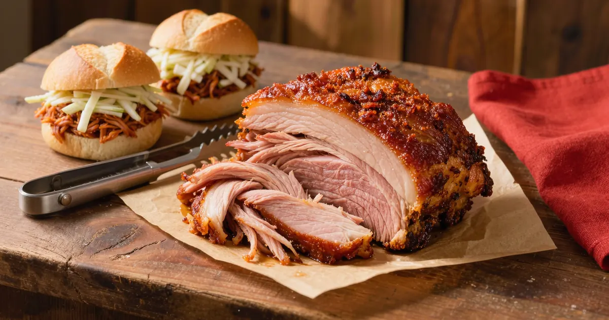 A mound of freshly pulled smoked pork with two slaw-topped sandwiches, showing how much pulled pork per person a butt actually yields