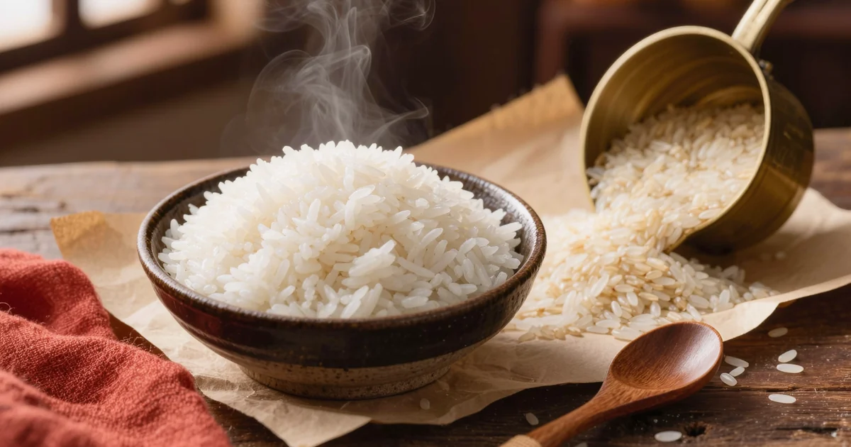 A bowl of steamed long-grain rice beside a measuring cup spilling dry grains, the 1:3 conversion behind how much rice per person