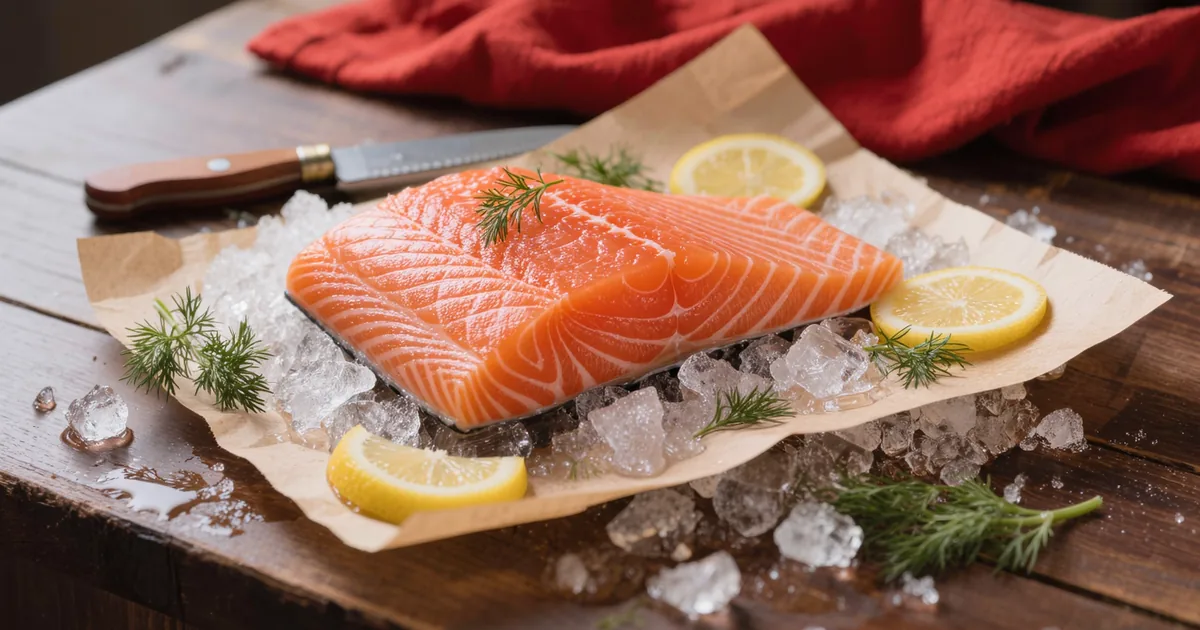 A whole skin-on side of salmon on ice with lemon and dill, the fillet weight behind how much salmon per person