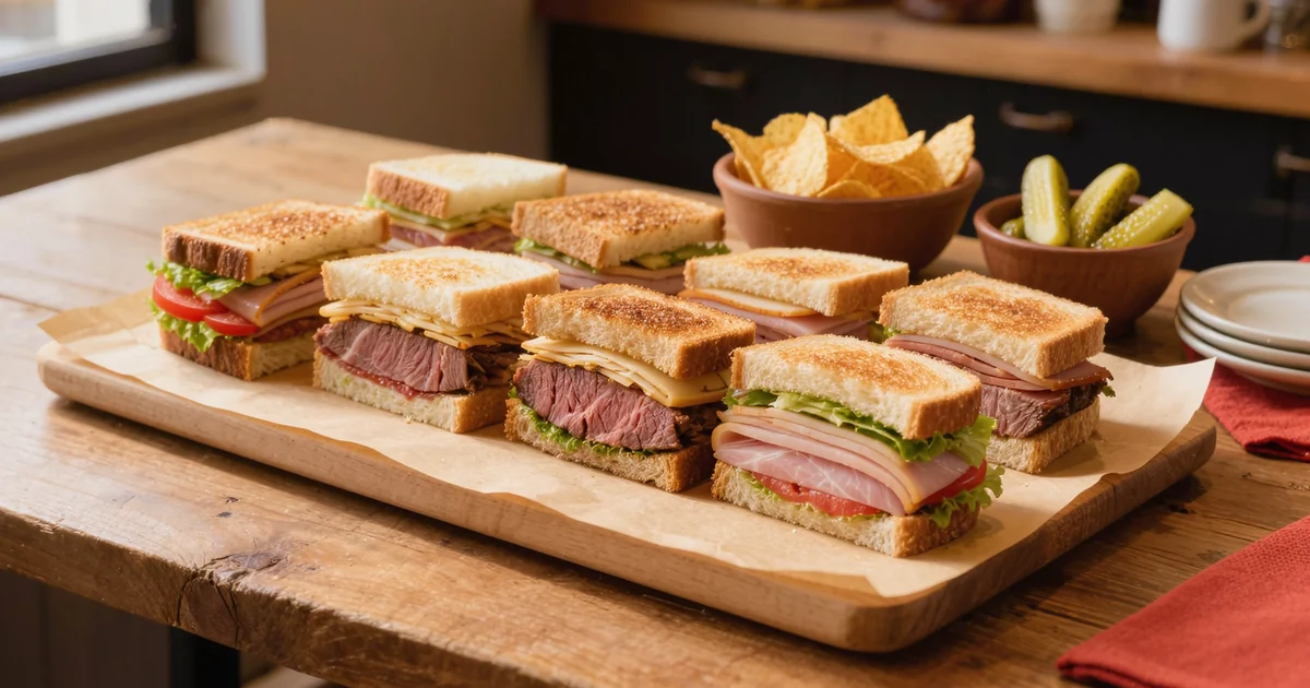 A large office sandwich platter on kraft paper with rows of halved deli sandwiches stacked with turkey, roast beef and ham, chips and pickles beside it — the spread behind how much lunch meat per person