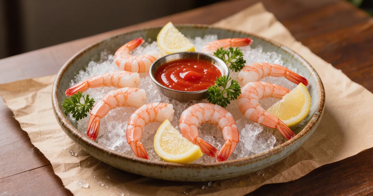 Jumbo shrimp cocktail chilled on ice around a dish of cocktail sauce, the piece count that answers how much shrimp per person
