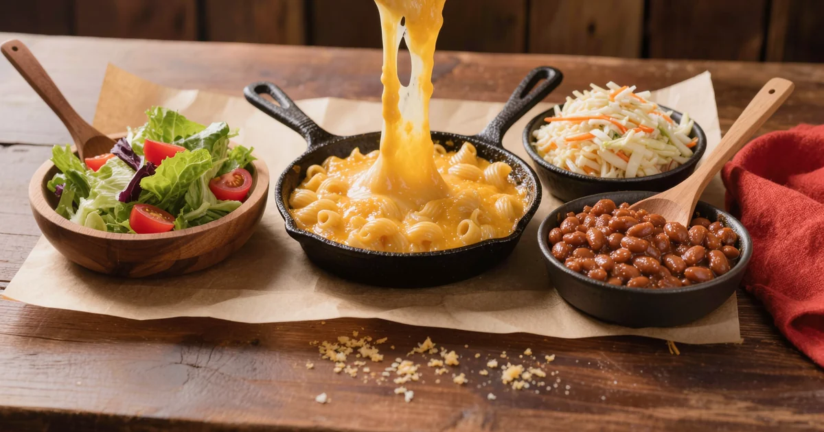 How much salad per person on a buffet: four serving bowls of party sides on kraft butcher paper — green tossed salad, bubbling baked mac and cheese in cast iron, creamy coleslaw, and smoky baked beans