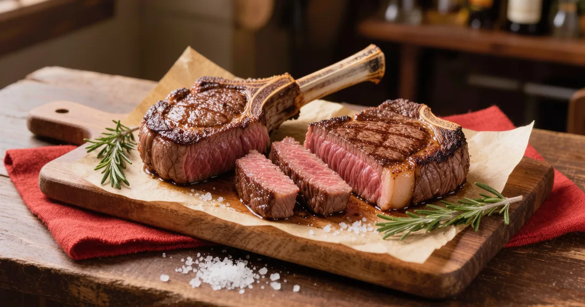 Three thick-cut ribeye steaks on a carving board, one sliced to medium-rare, portioned for how much steak per person to buy