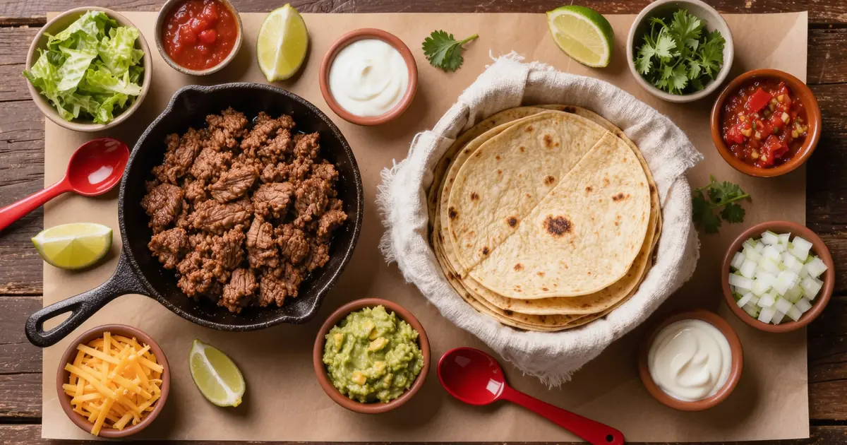 Overhead taco bar spread of warm tortillas, seasoned ground beef and bowls of toppings, every line a taco bar calculator counts