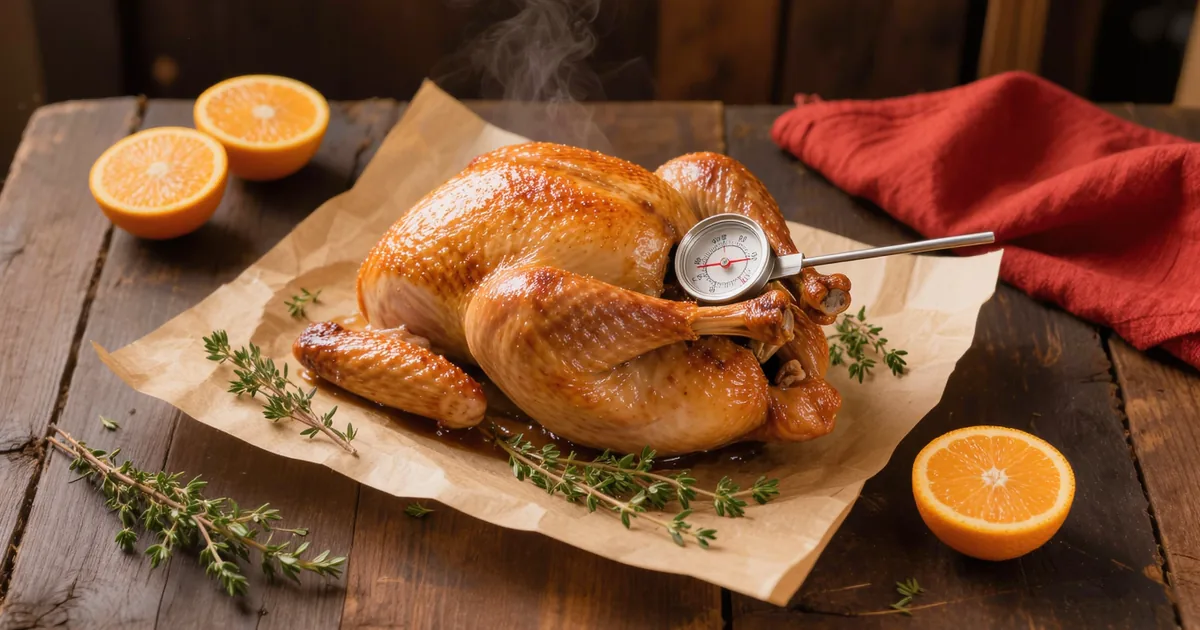 Whole roasted turkey resting on butcher paper with a probe thermometer in the thigh, the bird behind how much turkey per person to buy