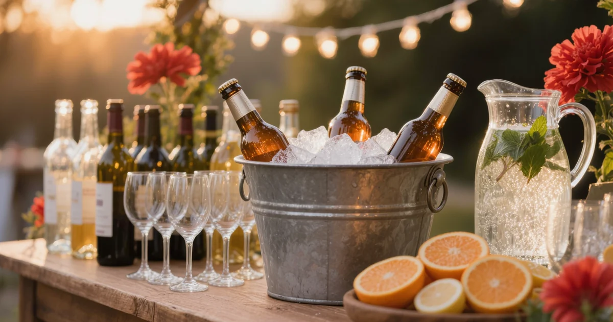 An outdoor reception bar with wine bottles, an ice tub of beer and rows of glasses at golden hour, the list a wedding alcohol calculator builds