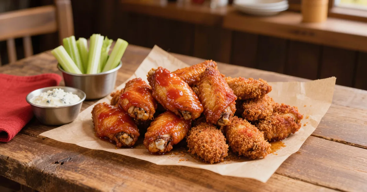 A huge pile of crispy wings on kraft butcher paper, half buffalo-sauced and half dry-rubbed, drumettes and flats visible, with blue cheese dip and celery beside — the pile behind how many wings per person